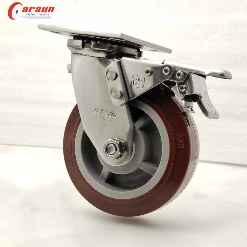 Ss Castors 4/5/6/8 Inch PU Swivel Casters Heavy Duty 304 Stainless Steel Industrial Caster Wheel with Brakes