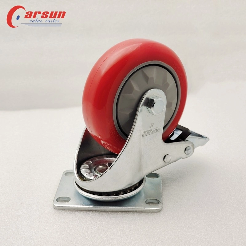 Medium Industrial PU Casters 4inch Red Polyurethane Swivel Caster Wheels with Brakes and Plastic Covers