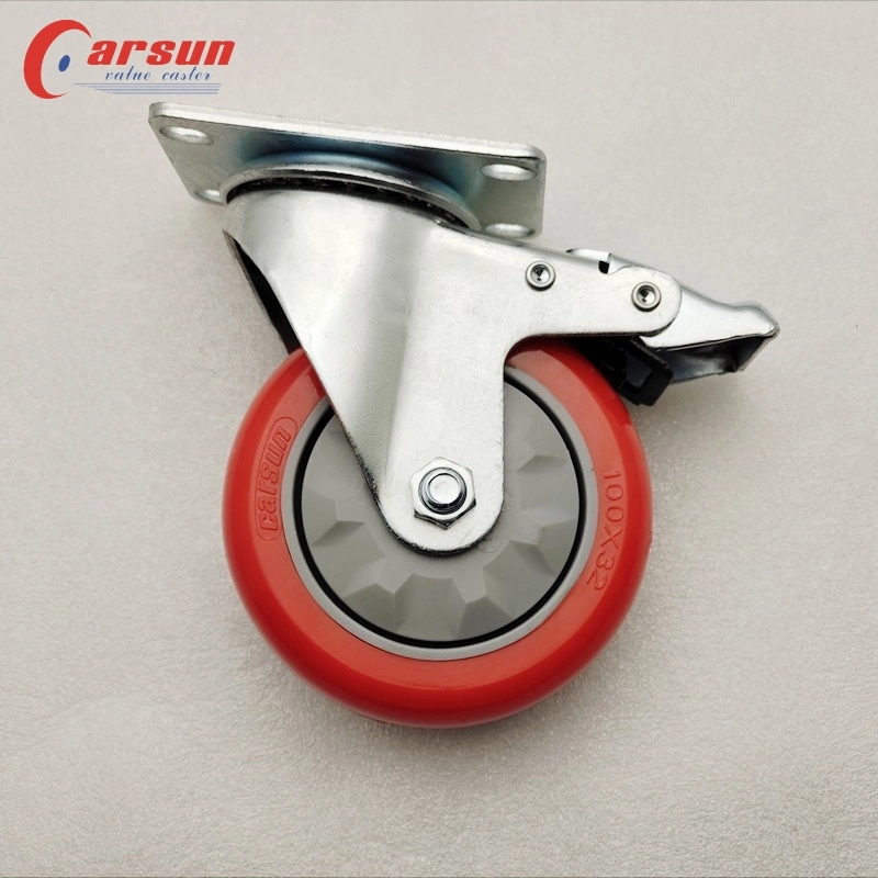 Medium Industrial PU Casters 4inch Red Polyurethane Swivel Caster Wheels with Brakes and Plastic Covers