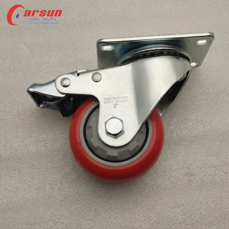 Medium Industrial PU Casters 4inch Red Polyurethane Swivel Caster Wheels with Brakes and Plastic Covers