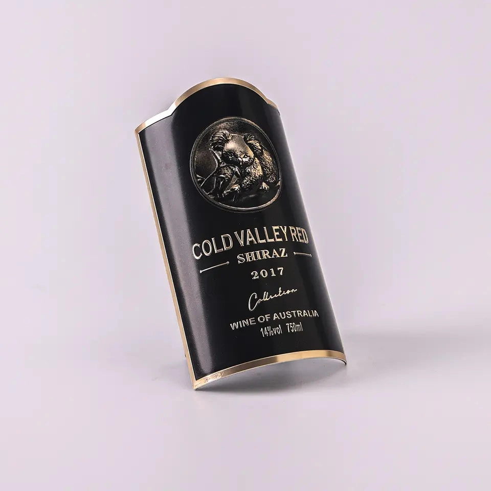 Custom Aluminum Bottle Metal Sticker Adhesive Engraved Metal Labels Gold Foil Embossed Sticker Champagne Wine Label