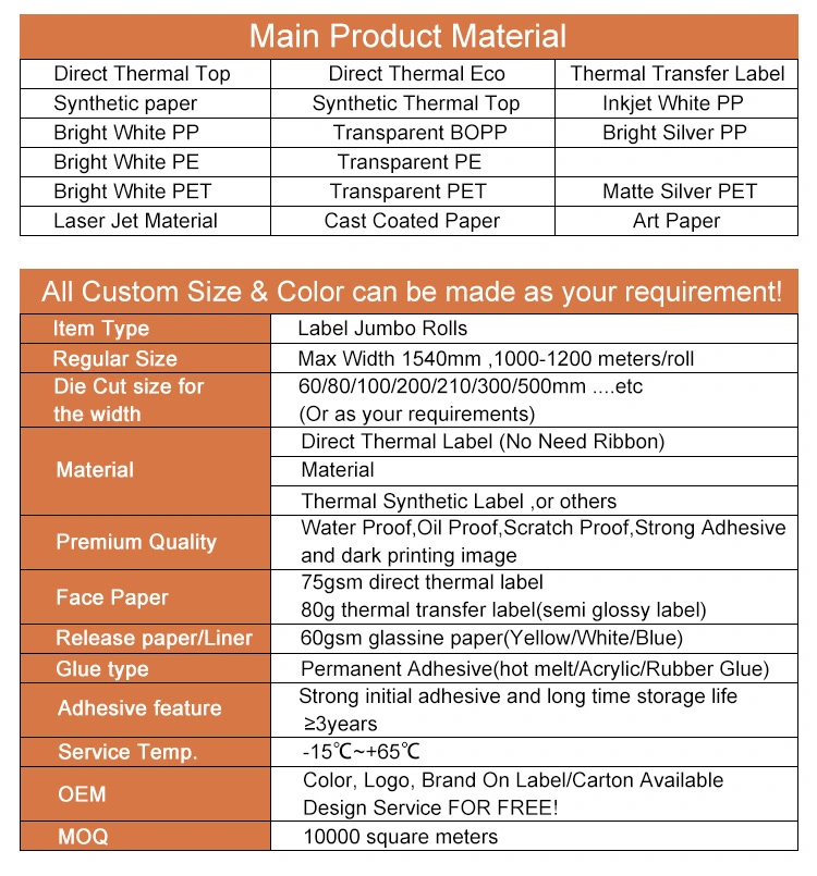 Thermal Label Paper Rolls Jumbo Roll Adhesive Jumbo Thermal Roll Label