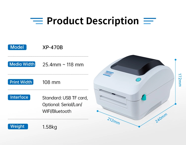 Xprinter High Quality Impresora Portatil XP-470B Direct Thermal 4inch Sticker Shipping Label Printer