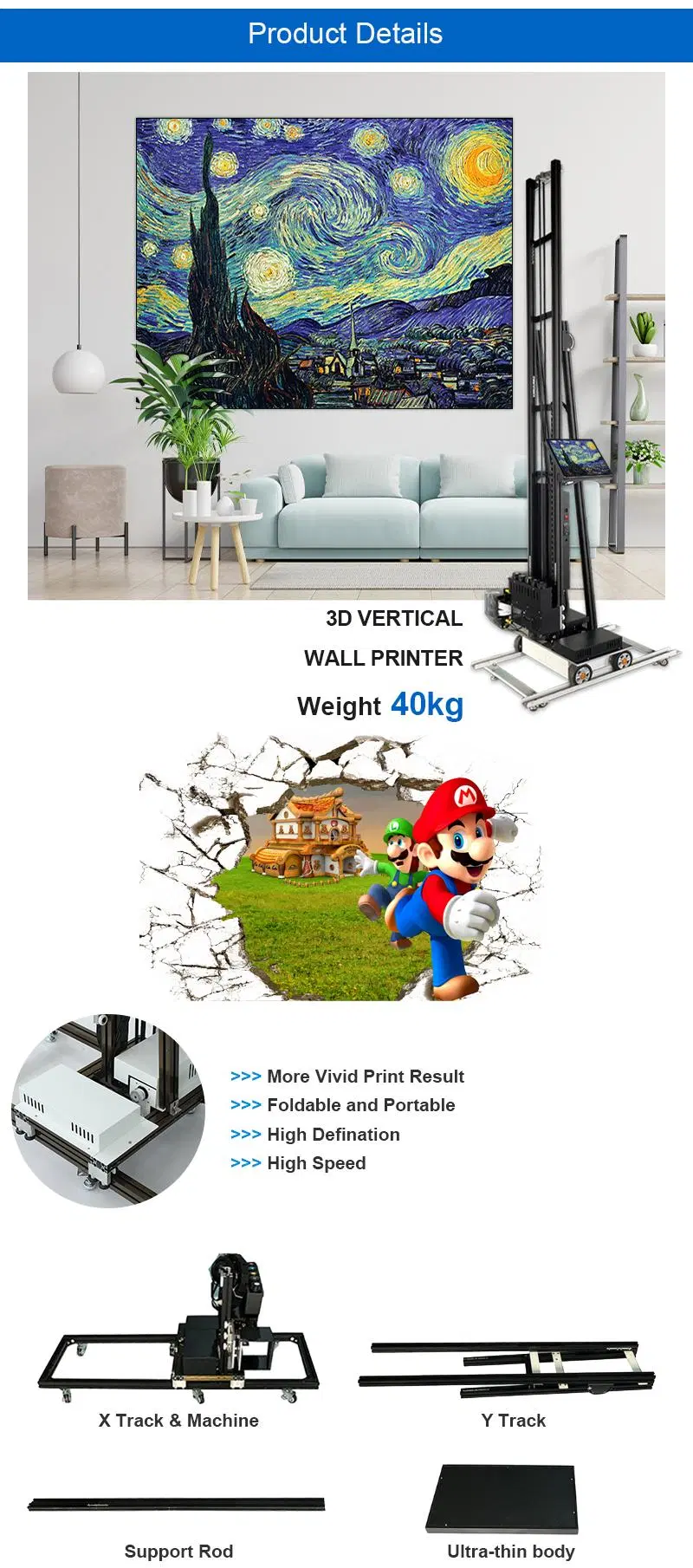 3D 5D Photo Wall Printing Machine UV Ink Print on No Water Absorption Highly Resolution Automatic Wall Printer
