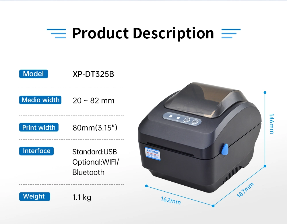 Xprinter XP-DT325B OEM 3inch Barcode Printer Black Color Thermal Inkless Label Printer