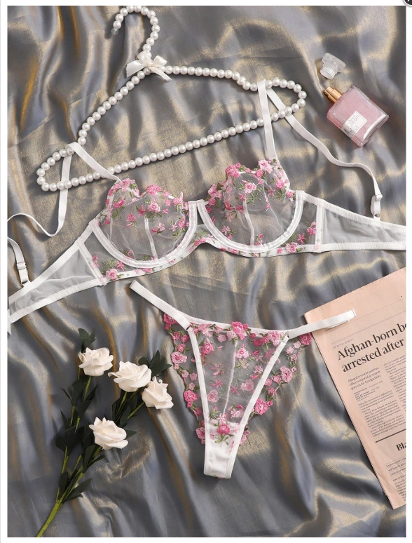 Wholesale Mulit Color Floral Embroidery See-Through Cotton Lace Underwear Set Spandex Backless Breathable Comfortable Quick-Dry Sexy Lingerie