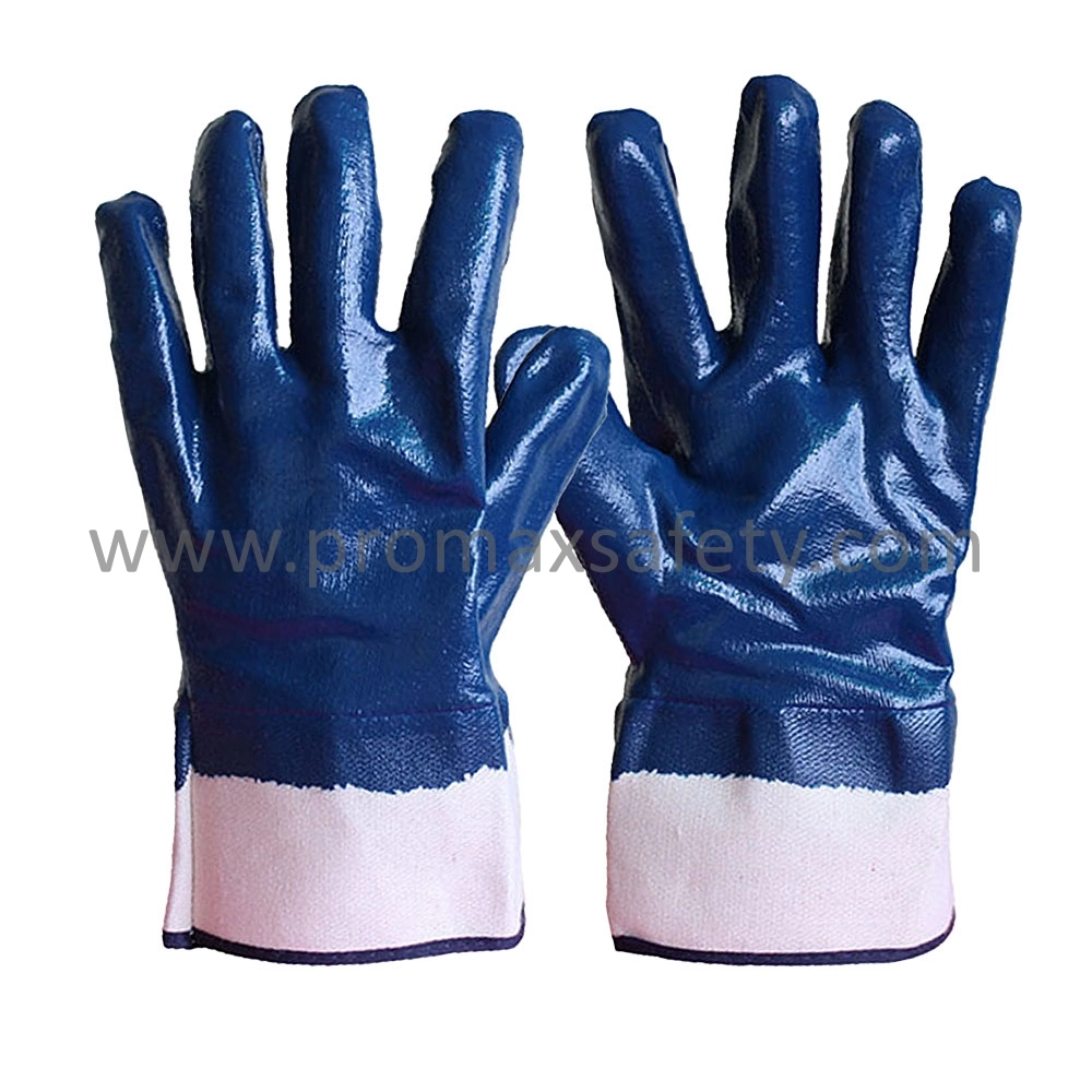 Heavy Duty Anti Acid and Alkali Chemical Oil Proof NBR Cotton Jersey Blue Nitrile Fully Labor Gloves