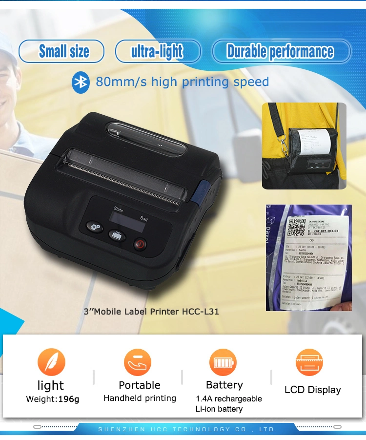 3&quot; Battery Bt Mobile Handheld Portable Mini Thermal Label Printer Hcc-L31