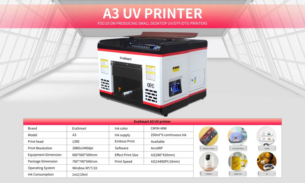 Erasmart High Resolution Mini Digital UV Printer A3 UV Flatbed Printer for Label Sticker Printing