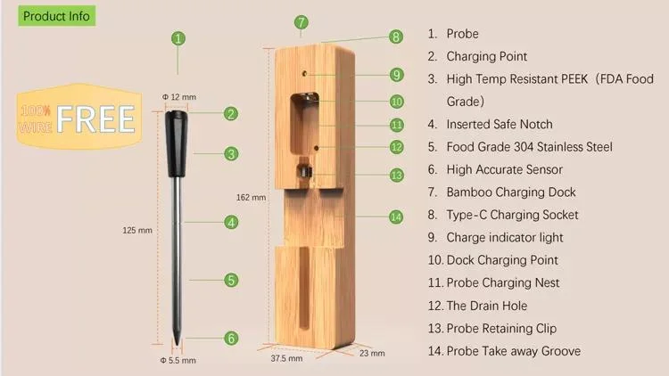 Updated Long Range Bluetooth Smart Temperature Probe Waterproof Kitchen Food Thermometer Truly Wireless Meat Thermometers for BBQ