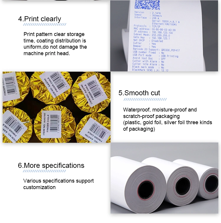 Thermal Paper Manufacturer A4 Ultrasonic 110hg 80X80 80X70 57X40 57X38 Cash Register Till POS Thermal Paper Roll