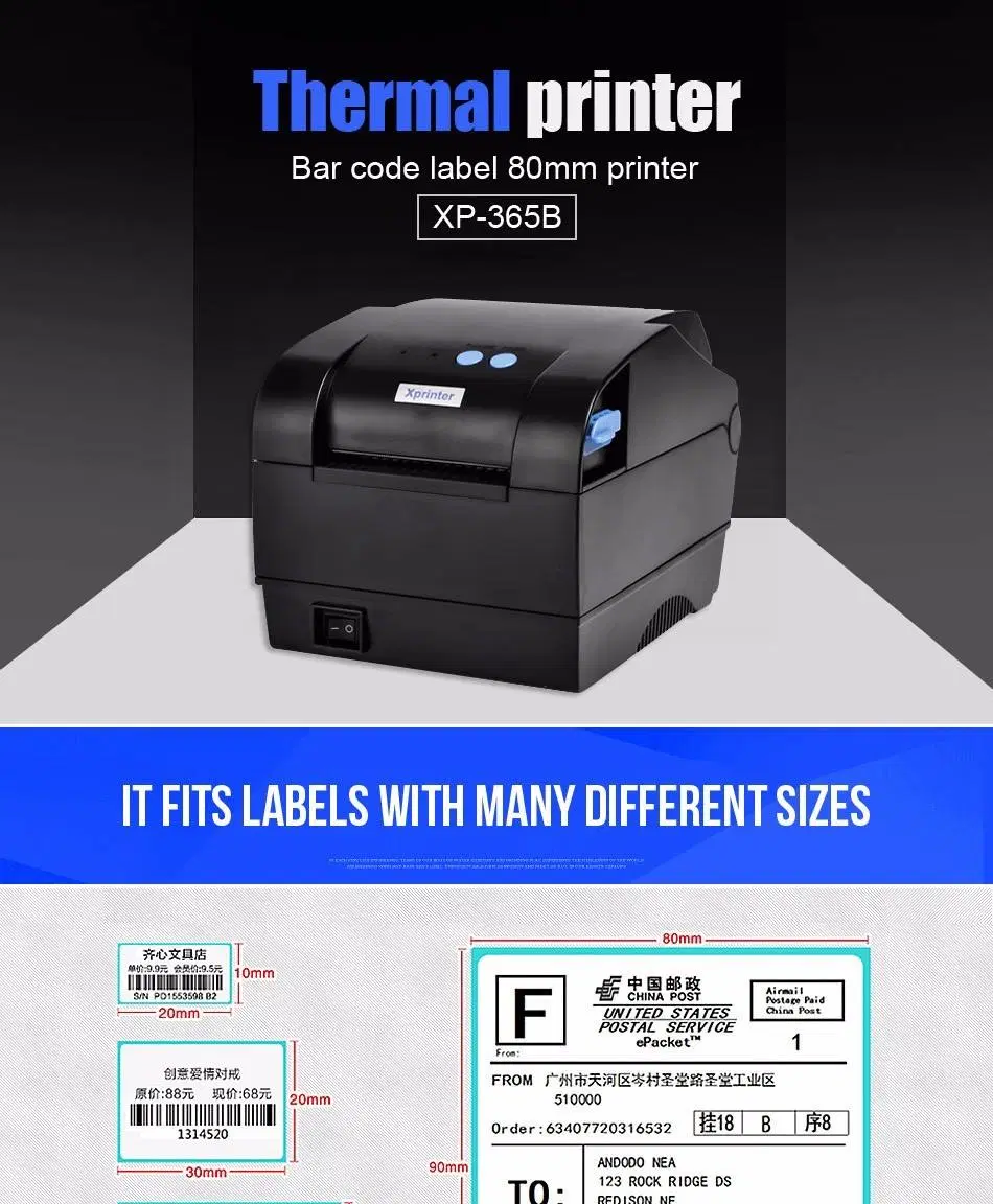 Thermal Label/Receipt Barcode Printer Support ESC/POS/Tsc Thermal Printer