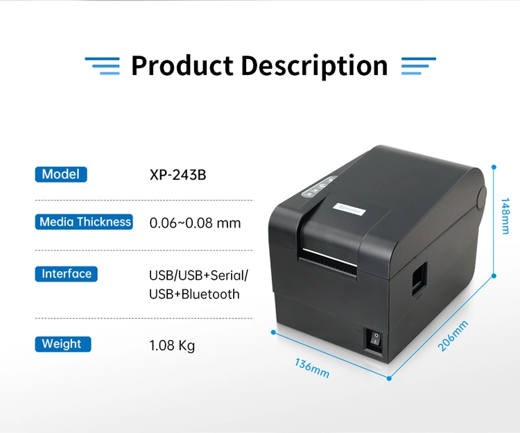 Xprinter XP-243B China Manufacturer 4x6 Thermal Labels Wireless Bluetooth Printer With USB