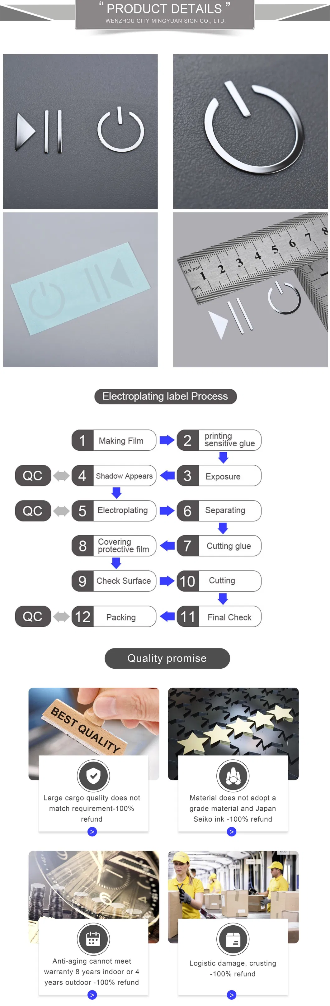 High Quality Metal Labels Pause/Start/Push for Washing Machine Electronic Products with Good Adhesive