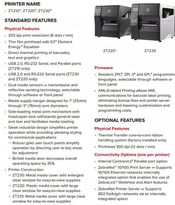 Original Industrial Zebra Zt230 203dpi/300dpi Thermal Transfer Barcode Label Printer with USB RS232 Interface