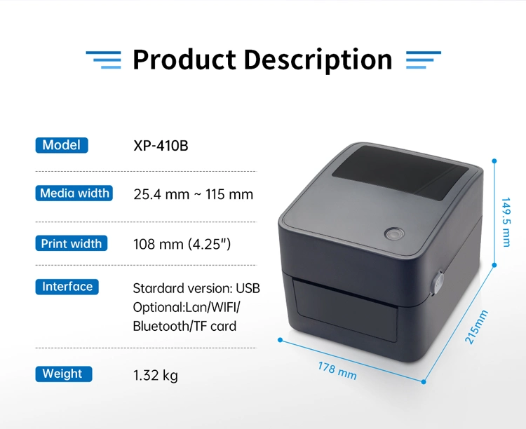 Xprinter XP-410B Impresora De Etiquetas Adhesivas Black Color 4 Inch Thermal Label Printer