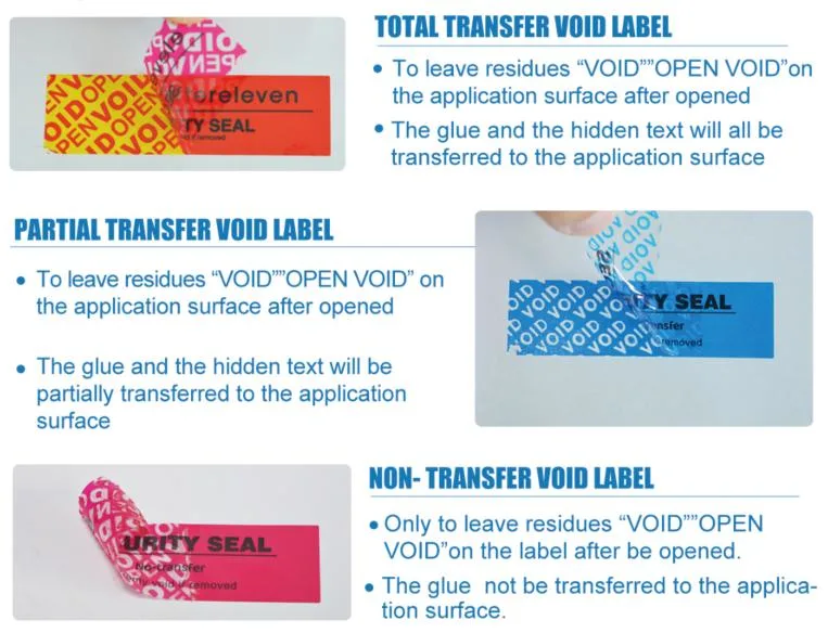 Tamper Evident Customized Color Total Transfer Void Open Void Security Seal