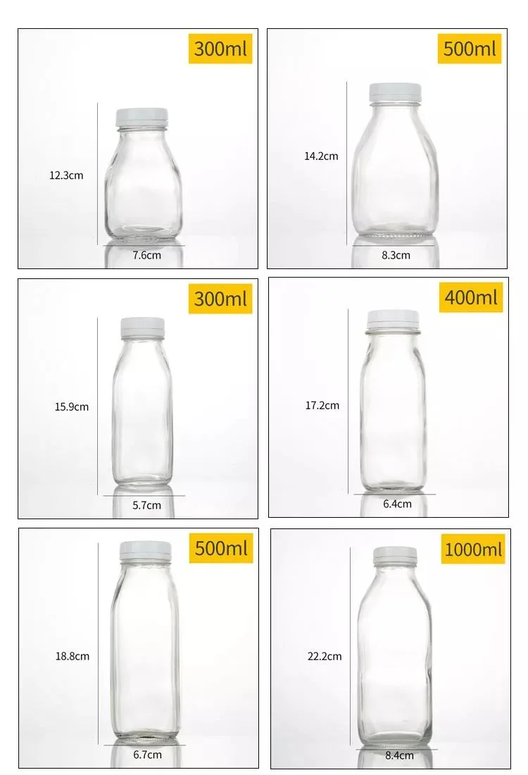 Wholesale Square 500ml 1000ml Empty Milk Fruit Juice Drink Glass Bottles with White Tamper Proof Cap