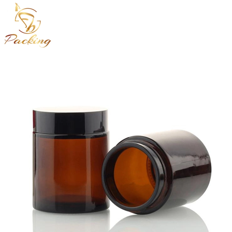 Lightproof Cosmetic Glass Container 100g Amber Glass Jar with Shiny Gold Cap