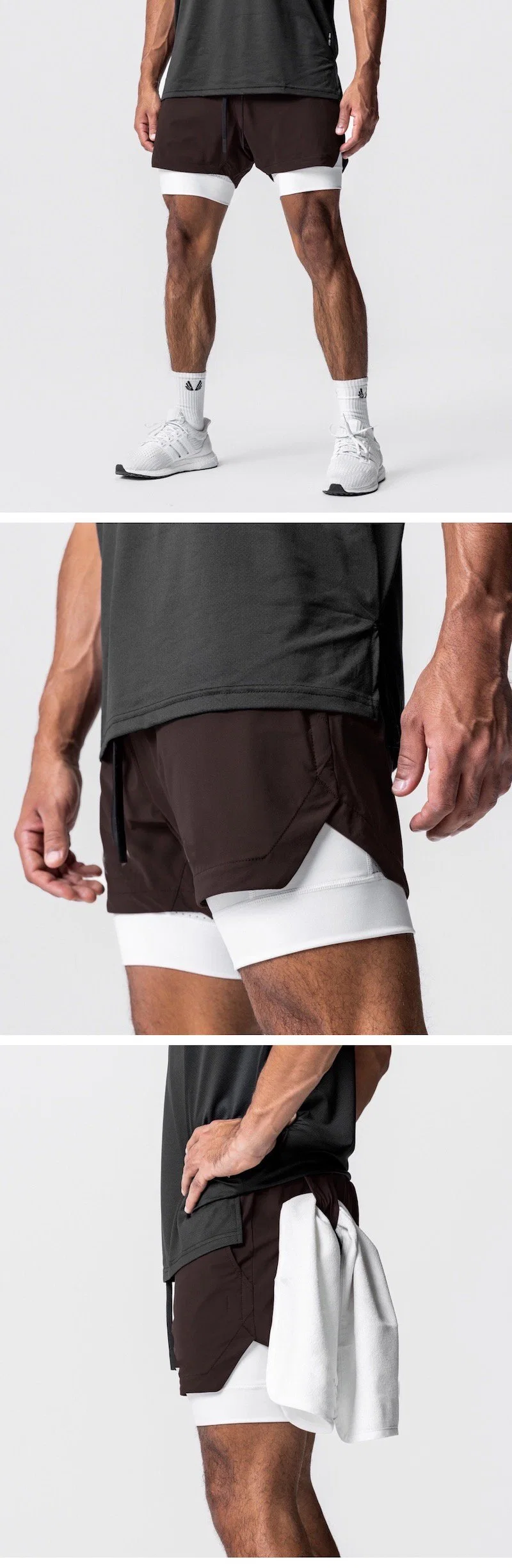 Hot Selling Two Layers Fast Dry Zip Pocket Running Shorts for Men, 2 in 1 Athletic Tennis Short Pants with Multi Pockets + Towel Loop Gym Workout Bottom Wear