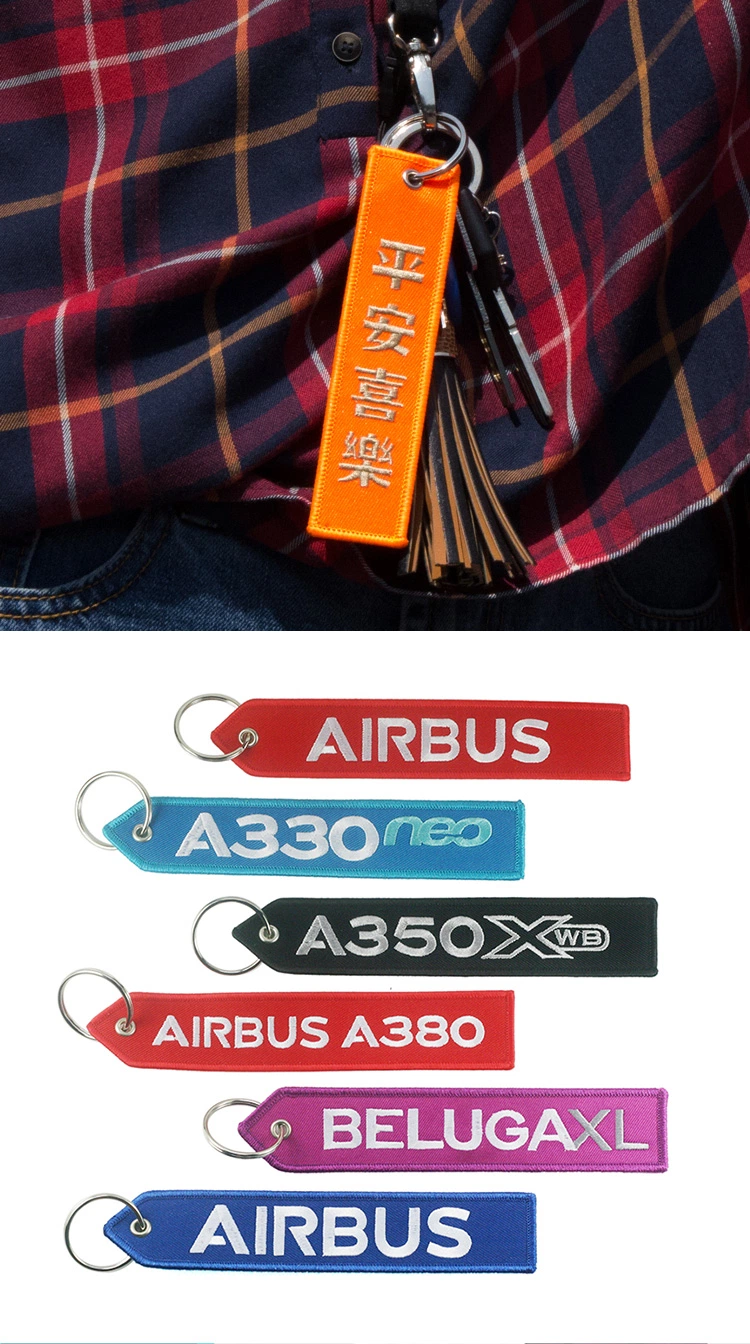 Promotion Wholesale Custom Logo Embroidered Patch Key Ring Holder Airplan Remove Before Flight Textile Fabric Polyester Short Lanyard Embroidery Woven Key Chain