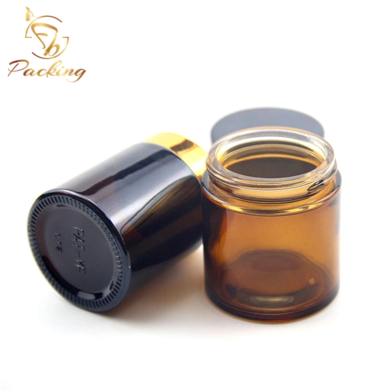 Lightproof Cosmetic Glass Container 100g Amber Glass Jar with Shiny Gold Cap