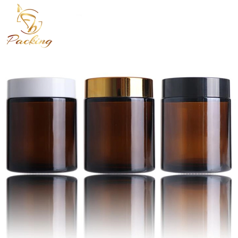 Lightproof Cosmetic Glass Container 100g Amber Glass Jar with Shiny Gold Cap