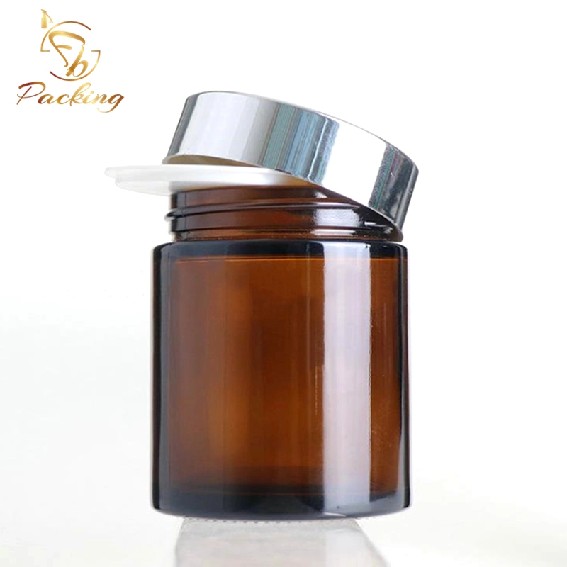 Lightproof Cosmetic Glass Container 100g Amber Glass Jar with Shiny Gold Cap