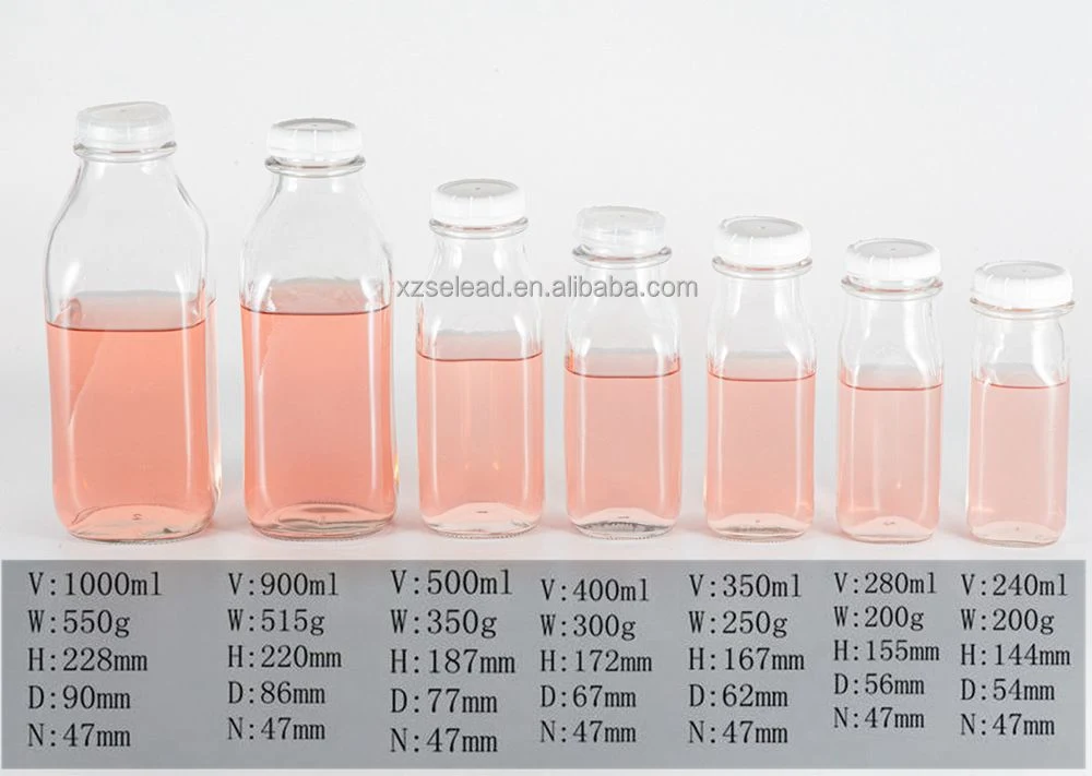 Wholesale Square 500ml 1000ml Empty Milk Fruit Juice Drink Glass Bottles with White Tamper Proof Cap Packaging
