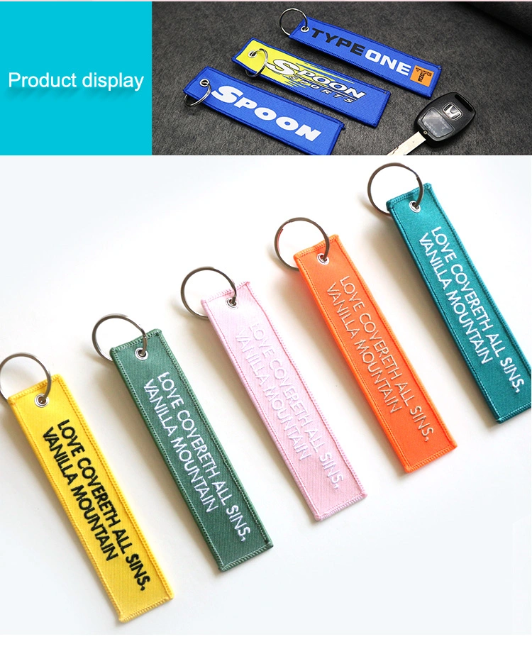 Promotion Wholesale Custom Logo Embroidery Patch Keyring Holder Airplan Remove Before Flight Textile Woven Fabric Polyester Short Lanyard Embroidered Key Ring