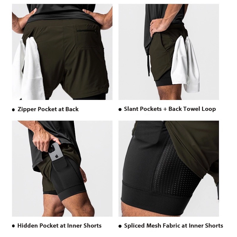Hot Selling Two Layers Fast Dry Zip Pocket Running Shorts for Men, 2 in 1 Athletic Tennis Short Pants with Multi Pockets + Towel Loop Gym Workout Bottom Wear