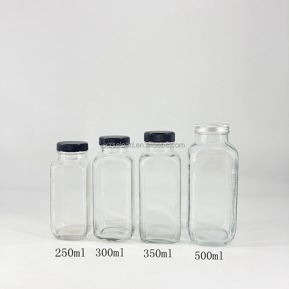 Wholesale Square 500ml 1000ml Empty Milk Fruit Juice Drink Glass Bottles with White Tamper Proof Cap Packaging