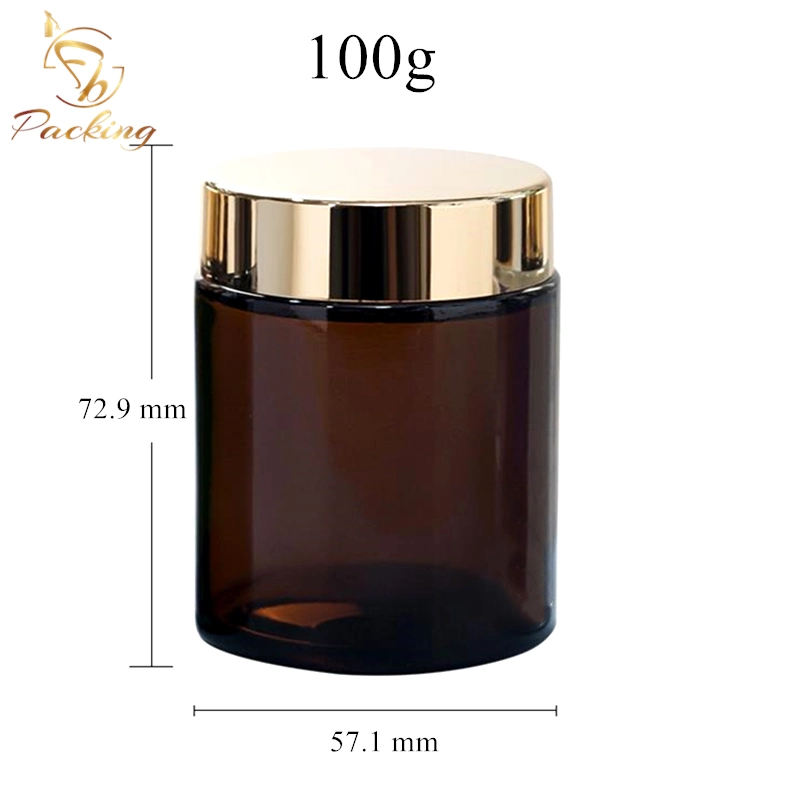 Lightproof Cosmetic Glass Container 100g Amber Glass Jar with Shiny Gold Cap