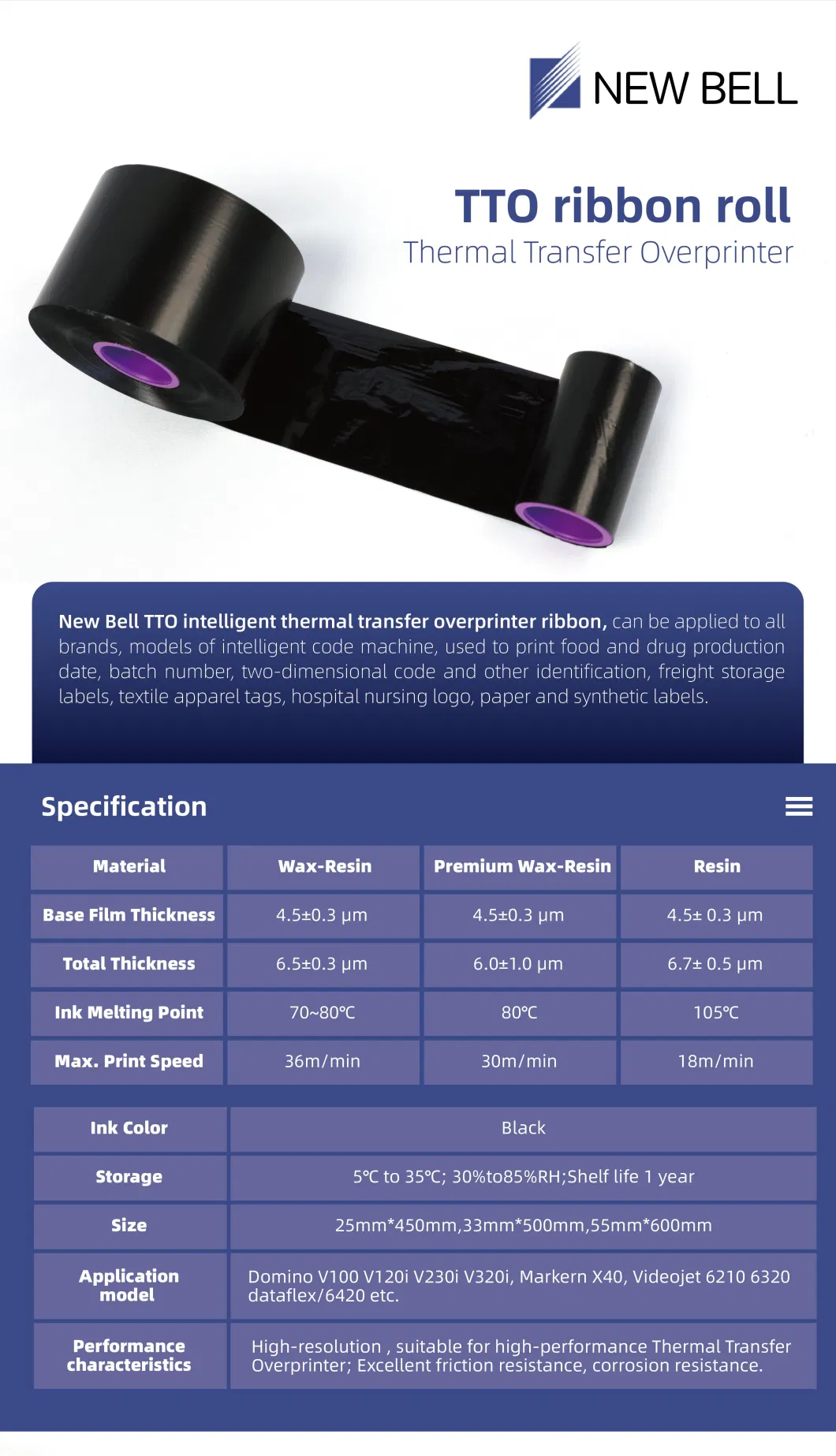 Tto Ribbon 33mm*600m 700m 1100m Compatible Markem Tto Thermal Ink Ribbon
