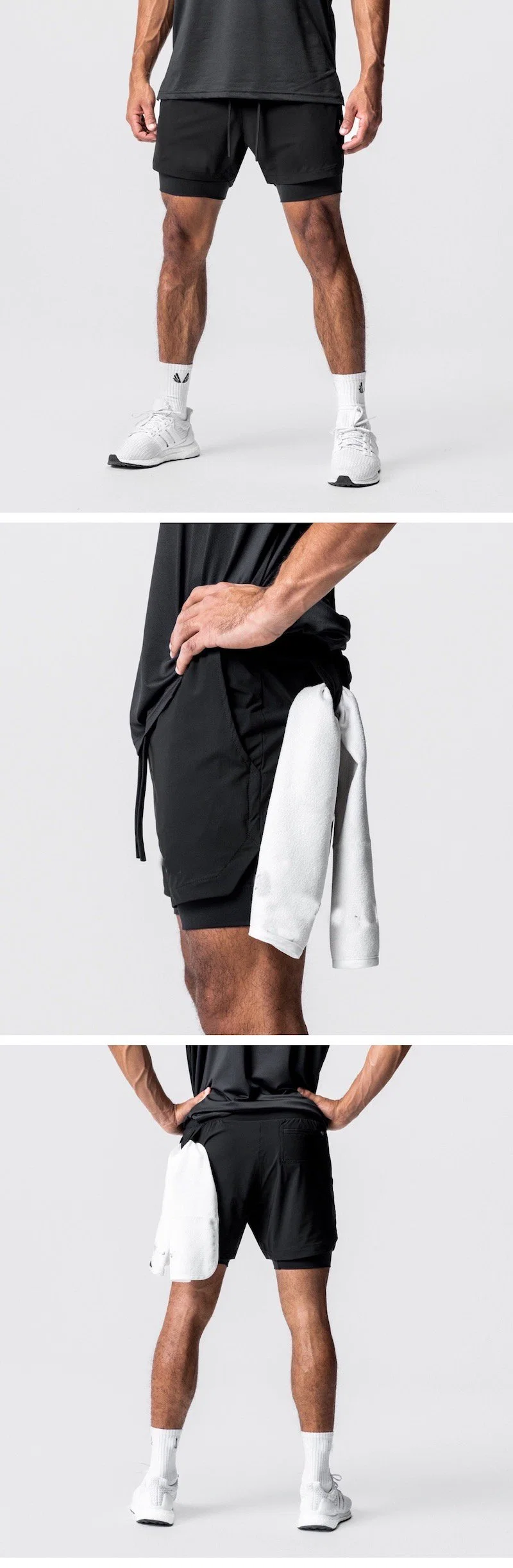 Hot Selling Two Layers Fast Dry Zip Pocket Running Shorts for Men, 2 in 1 Athletic Tennis Short Pants with Multi Pockets + Towel Loop Gym Workout Bottom Wear