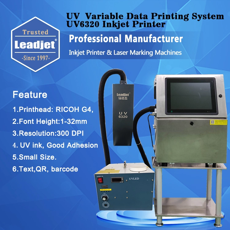 Leadjet UV6320 Variable Data Ink Jet Printer Qr Code Batch Number Best by The Date Product Description Ultraviolet Curable Ink Inkjet Printing Machine