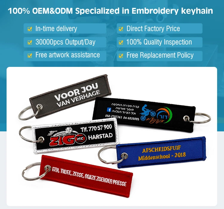 Wholesale Custom Logo Embroidered Patch Key Chain Holder Promotion Airplan Remove Before Flight Textile Woven Fabric Polyester Short Lanyard Embroidery Keychain