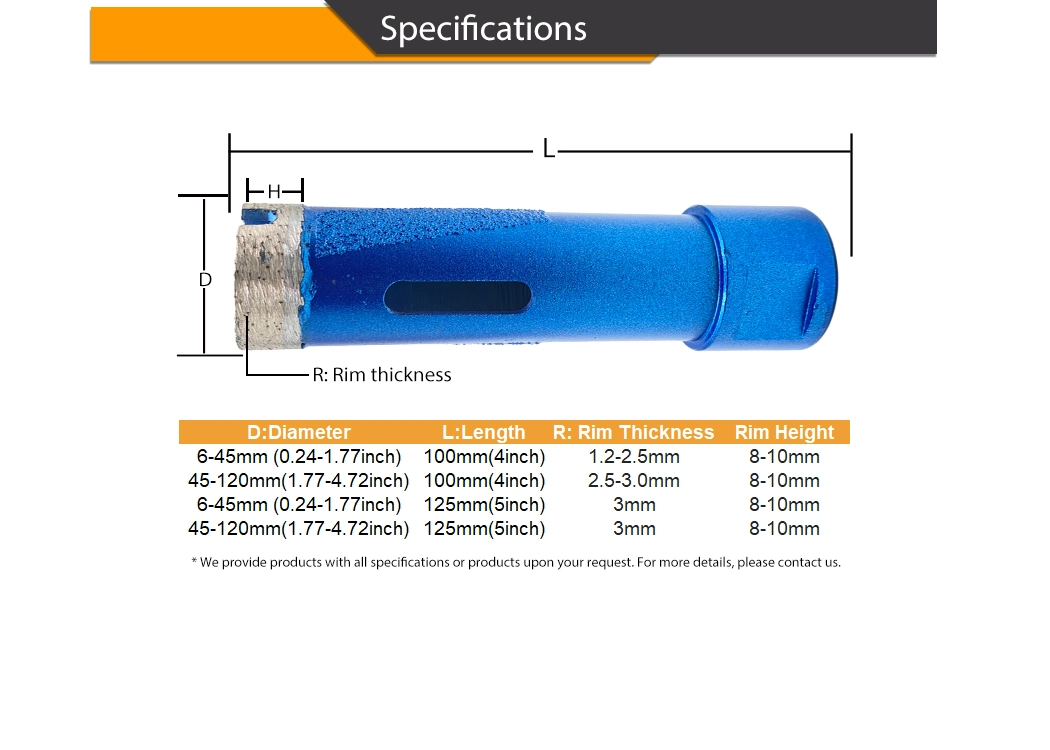 Diamond Core Drill Bits 76mm for Granite Stone Dry Drilling Tools Hole Saw China Factory 5/8-11 M14 with Dust Removal Slot Fast Drilling