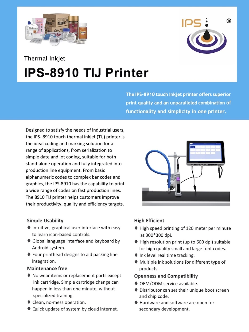 Two Printhead Tij Printer 25.4mm IPS-8920 Industrial Digital Tij Inkjet Printer Coding Lot Number Label Bottle Logo Expiry Date