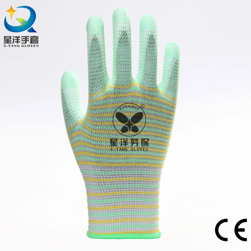 Striped Polyester Lined PU Coated Protective Scratch Proof Breathable Work Gloves