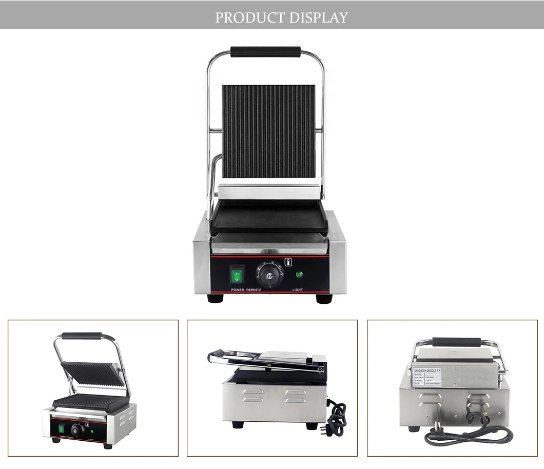 Commercial Equipment Electric Single All Ribbed Press Full 180 Degree Contact Grill Electric Panini Maker for Kitchen