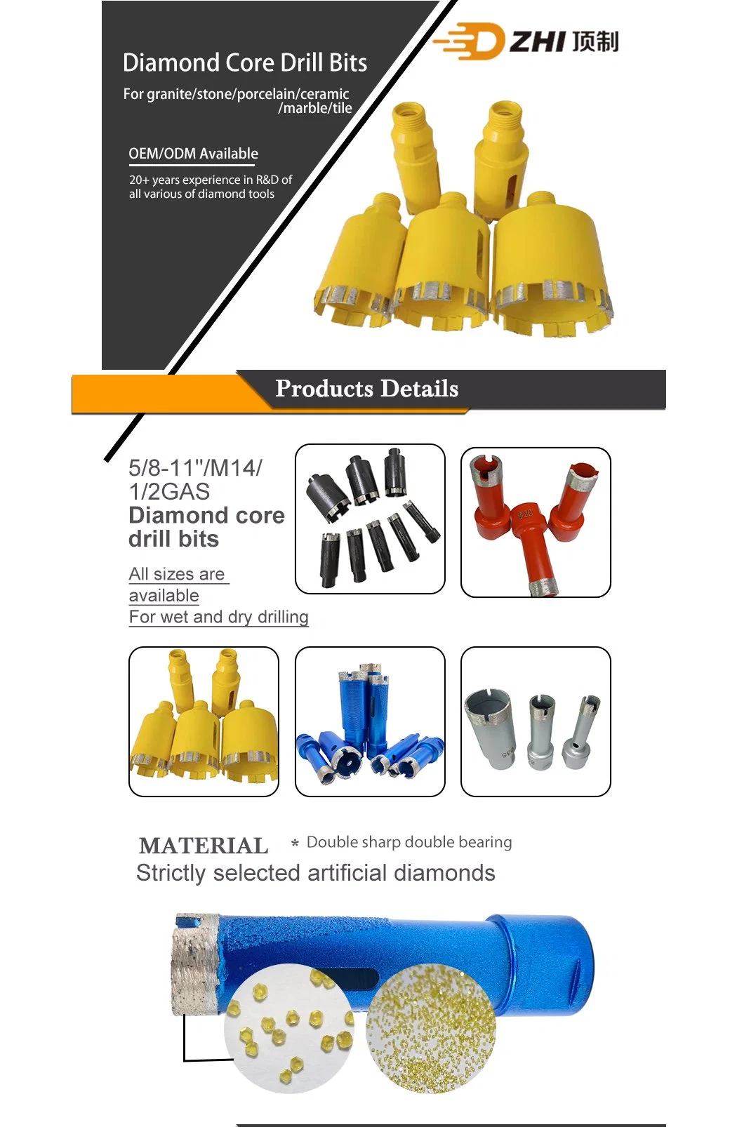 Diamond Core Drill Bits 76mm for Granite Stone Dry Drilling Tools Hole Saw China Factory 5/8-11 M14 with Dust Removal Slot Fast Drilling