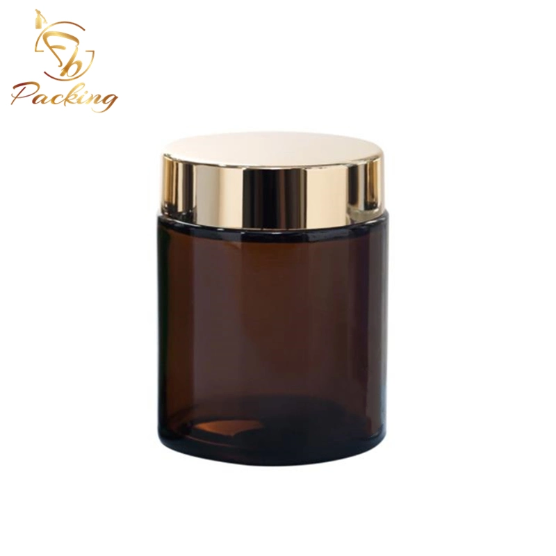 Lightproof Cosmetic Glass Container 100g Amber Glass Jar with Shiny Gold Cap