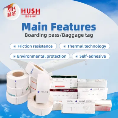  Prezzo del produttore gratuito campione di carta termica Tag dei bagagli prodotti self Materiale adesivo carta in rotolo di materia plastica grezza per Airline