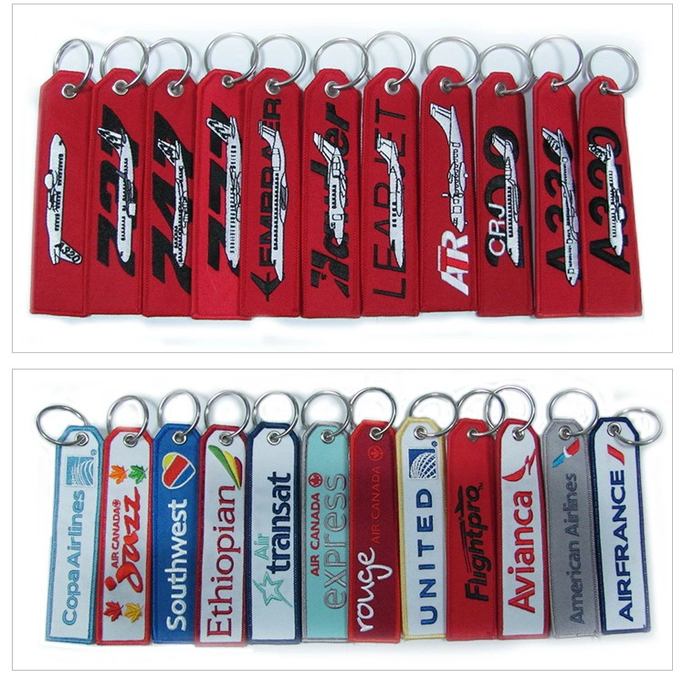 Wholesale Customized Remove Luggage Tag Label Before Embroidery Keyring Flight for Logo Woven Keychains