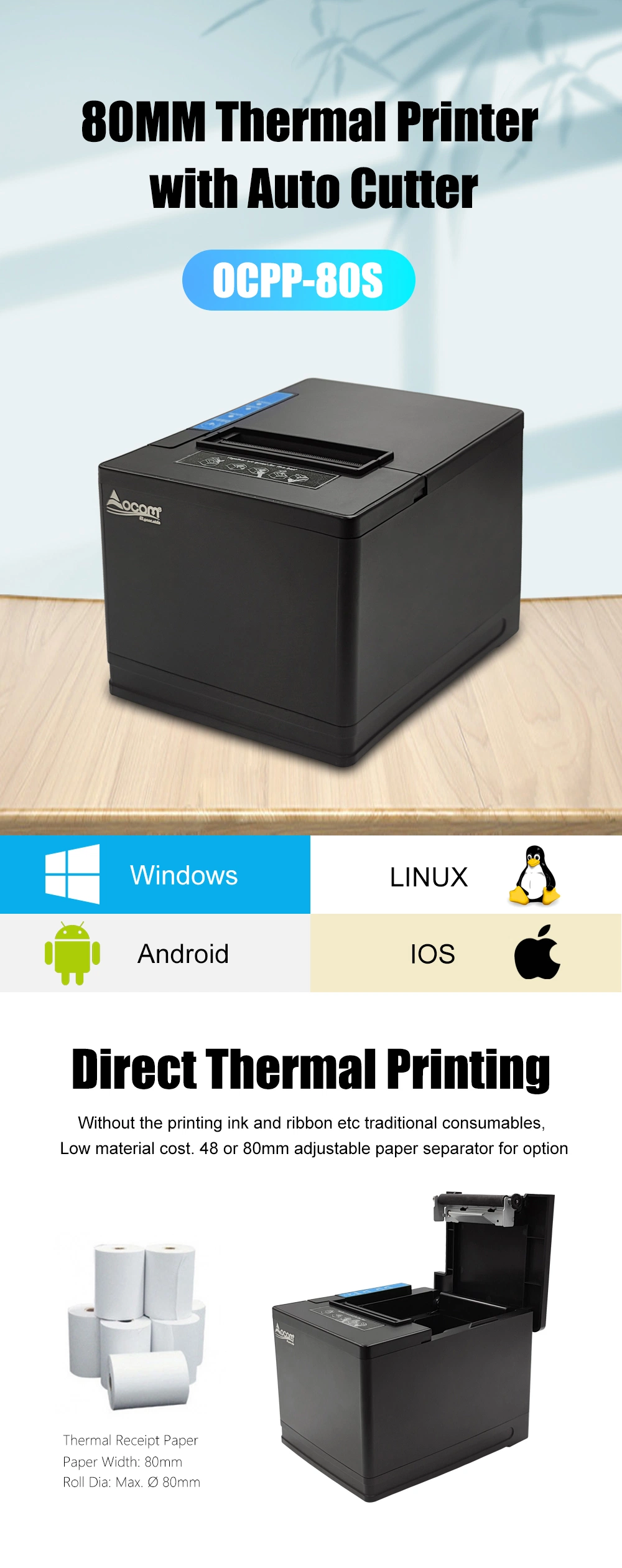 Ocpp-80s Ocom 80mm Thermal Receipt Printer with Auto Cutter