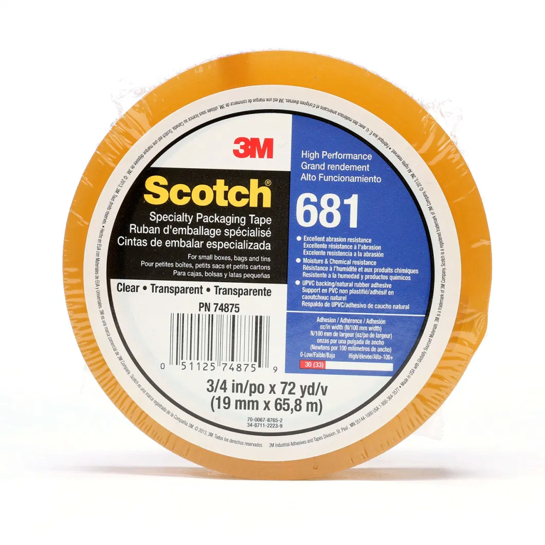 Scotch Light Duty Packaging Tape 681 Clear Moisture Chemical Resistant, 1 in X 72 Yd, 36 Per Case