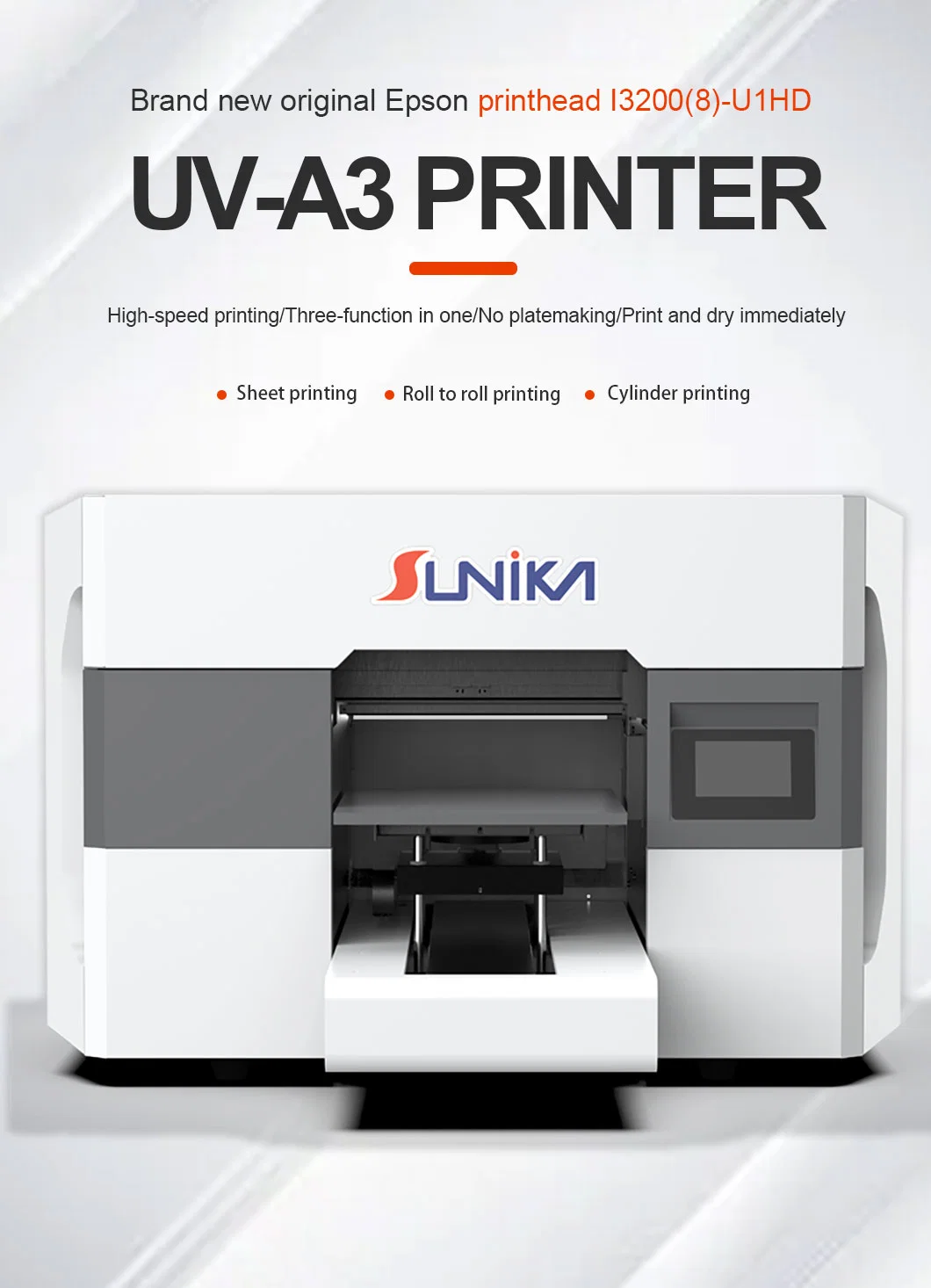 Sunika A3 Digital Inkjet UV Printer Flatbed I3200 30cm Flatbed Printer Machine for Retail Leather Tube &amp; Bill Printing
