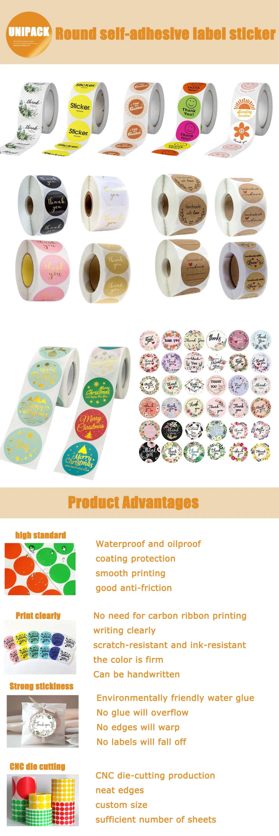 Unipack Custom Round Shaped Thank You Paper Sticker Label Design Waterproof Adhesive Label Printing