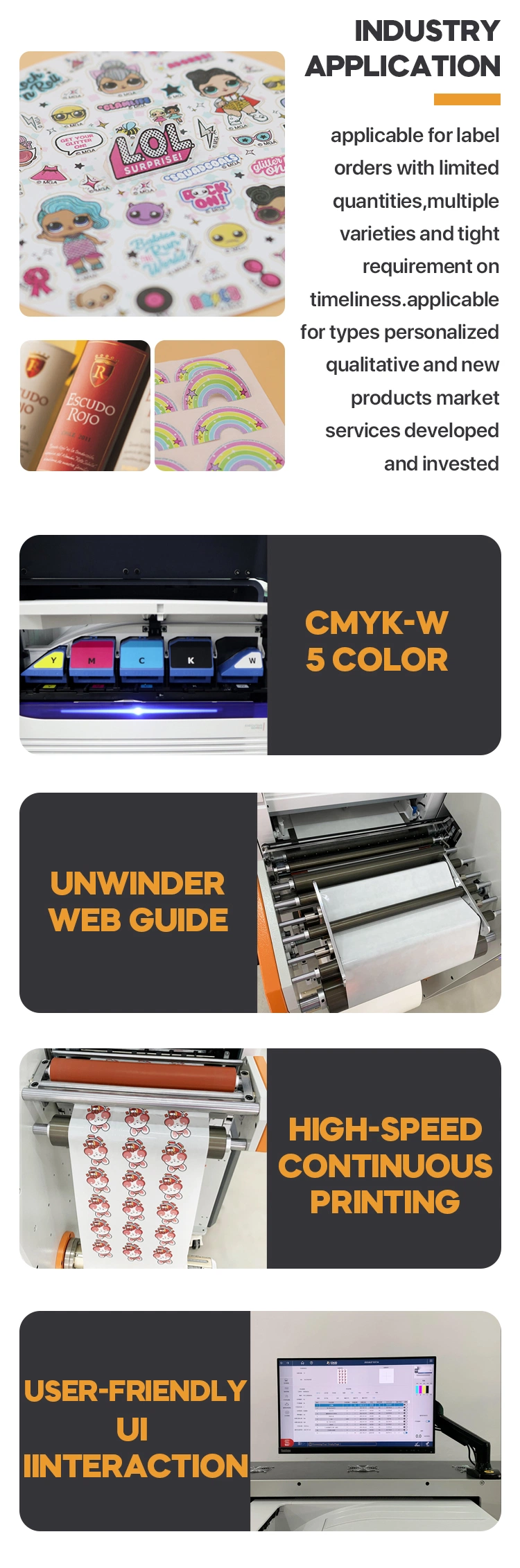 Darui K1 Cmykw 5colors Digital Printing Labels Roll to Roll Digital Printer Toner Good Price Digital Printing Die-Cutting